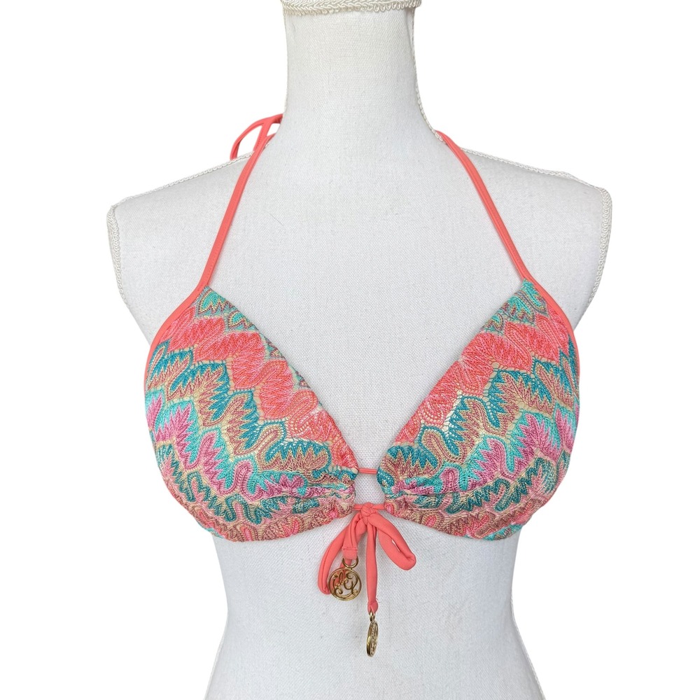 Luli Fama Womens Coral Lace Embroidered Halter Bikini Top Gold Charms Small